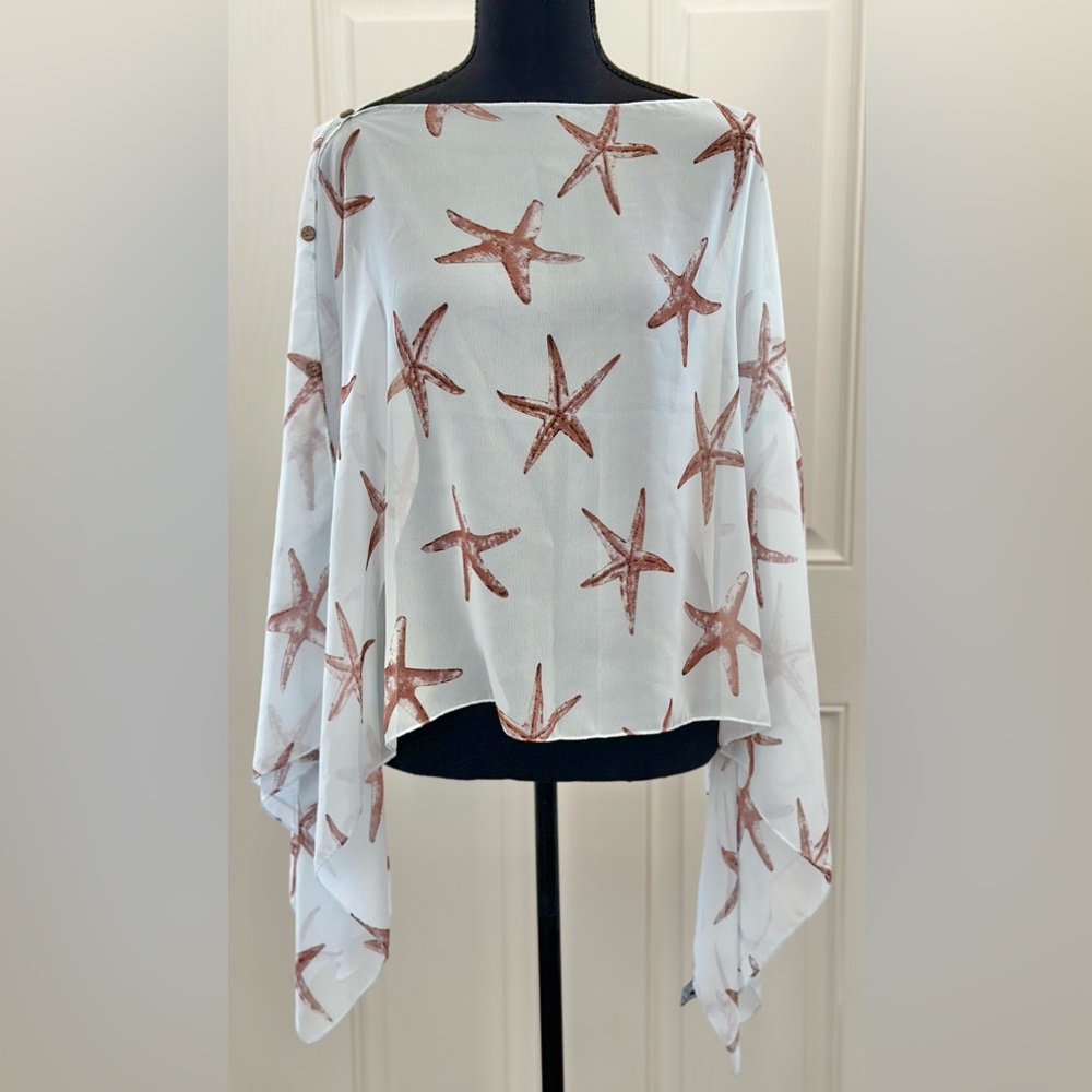 SAX Cropped Topper in Misty Blue with Brown Starfish, One Size
